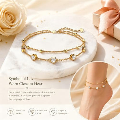 Midari 18K Yellow Gold Gemstone Birthstone Anklet Bracelet Heart Jewelry with 12 Months Birthstone Birthday Gifts for Women Wife Her Daughter Mom - color: 04-Apri-White CZ, size: Anklet 9"-11"