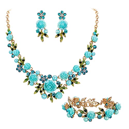 EVER FAITH Costume Jewelry Crystal Simulated Pearl Rose Flower Leaf Prom Party Statement Necklace Earrings Bracelet Set for Women - color: Light Blue Gold-Tone