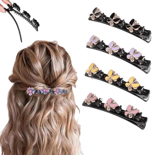 4 Pcs Sparkling Crystal Stone Braided Hair Clips, 2026 New Satin Fabric Hair Bands Rhinestone Four-Leaf Clover Hair Clip for Styling, Duck Bill Clips for Women Girls, Color F - color: Color F