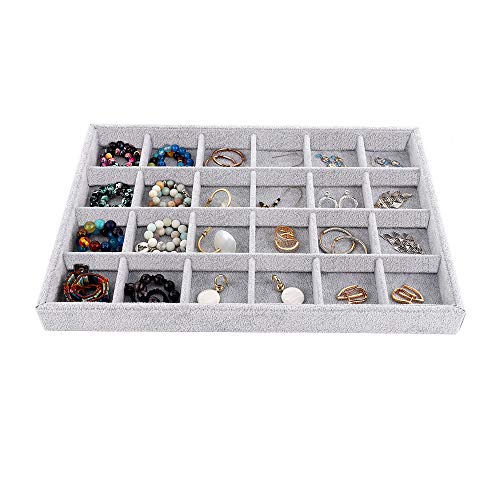 Emibele Jewelry Necklace Bracelets Earrings Organizer, 24 Grids Velvet Tray | Showcase Display Velvet Stackable Jewelry Storage Tray with Detachable Inner Dividers, Greay - style: E1- twenty-four Grids