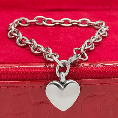 Adjustable Stainless Steel Bracelet with Chunky Chain, Puffy Heart Charm Silver Bracelet for Women, Engraveable Non-Tarnish Stainless Steel Charm Bracelet 7 and 8 inch lengths