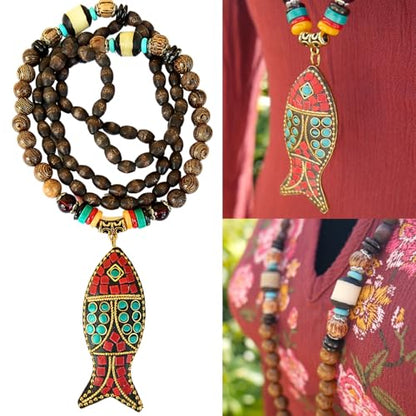 Bohemian Beaded Necklace for Women Long Boho Pendant Wood Mala Beads Wooden Strand Tassel Stone Bohemian Necklaces for Women Jewelry - style: Ethnic Lotus Set