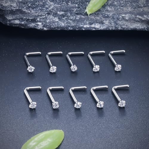 ASTM F136 Titanium Nose Rings 18G 20G 22G Clear Cubic Zirconia Nose Studs Ring Screw L-Shaped Bone Hypoallergenic Body Piercing Jewelry for Women 1.5mm 2mm 2.5mm 3mm 10PCS - style: L-Shaped:18G(1.0mm)-1.5mm CZ