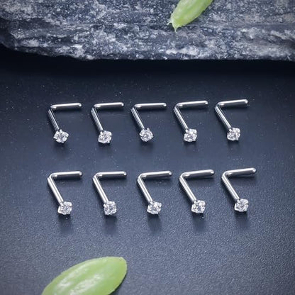 ASTM F136 Titanium Nose Rings 18G 20G 22G Clear Cubic Zirconia Nose Studs Ring Screw L-Shaped Bone Hypoallergenic Body Piercing Jewelry for Women 1.5mm 2mm 2.5mm 3mm 10PCS - style: L-Shaped:22G(0.6mm)-1.5mm CZ