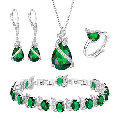 Jewelry Set for Bride, Sparkling Water Drop Cubic Zirconia Crystal Pendant Necklace Leverback Earrings Tennis Bracelet Adjustable Ring Gift for Wedding/Birthday/Mother's Day/Christmas - color: 05-Emerald Color Silver-Tone