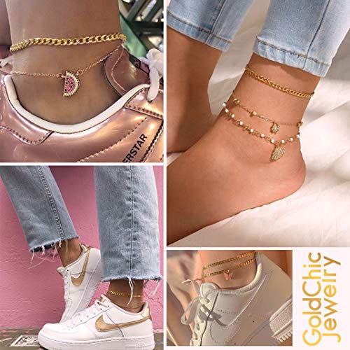 Adjustbale Link Chain Anklet for Women Summer Jewelry, 316L Stainless Steel Figaro/Wheat/Twist Rope/Cuban Foot Bracelet-Waterproof, Resizable 9"-12" (Gift Box Included) - color: 2, Cuban - Gold