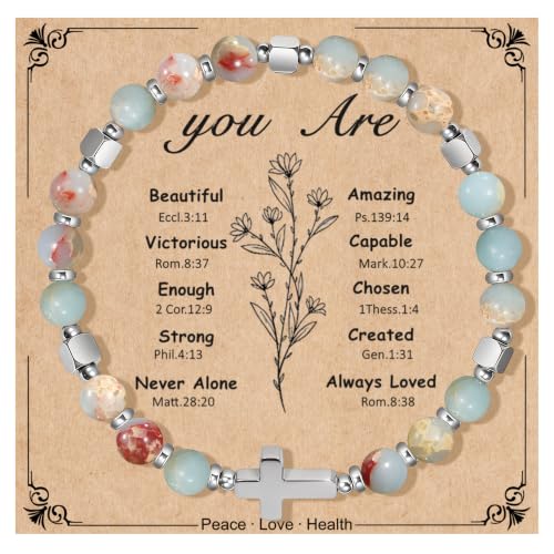 Natural Stone Stretch Bracelet for Women - Holy Water Elastic Cross Bracelet | Christmas Christian Baptism Gift, Meaningful Gifts, Unique Gift for Friends Mom Daughter Sister - style: cross-You are