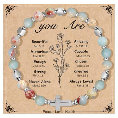 Natural Stone Stretch Bracelet for Women - Holy Water Elastic Cross Bracelet | Christmas Christian Baptism Gift, Meaningful Gifts, Unique Gift for Friends Mom Daughter Sister - style: cross-You are