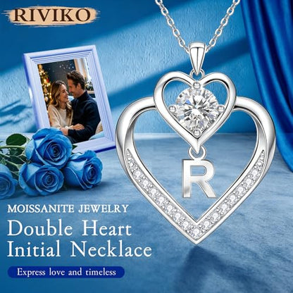 RIVIKO 1 Carat Moissanite Heart Initial Necklace for Women,Letter Pendant | 925 Sterling Silver Chain,Personalized Jewelry,Anniversary Birthday Gifts for Wife Friend Mom - color: Letter R
