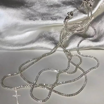 Minimal Double Layer Chain Necklace in Gold or Silver Tone, Lightweight Collar Chain for Everyday Layering - color: Silver, style: Cross Pendant