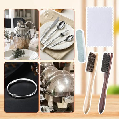 4 Pcs Horsehair Silver Cleaning Brush Set with Polishing Cloth and Polishing File, for Silverware Plateware Jewelry Cleaner