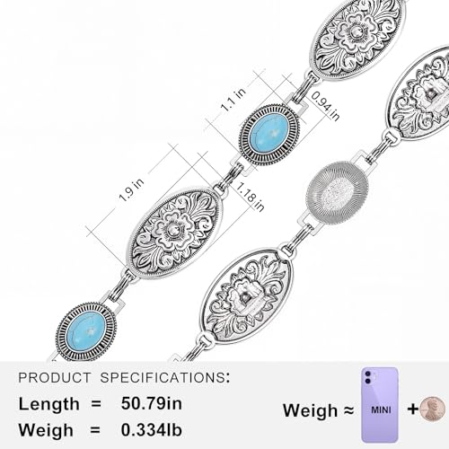 Montana West Rustic Couture's Turquoise Western Concho Chain Belt for Women | Large Western Cowgirl Metal Adjustable Boho Body Chain Belt for Dresses Jeans Country Concert - color: Amazon Jade Turquoise