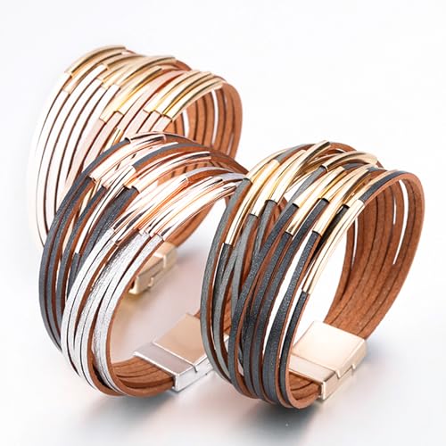 Fesciory Leather Wrap Bracelets for Women, Boho Western Layered Jewelry | Layered leather cuff bracelets, Easy on and off, Boho western style, Daily wear, Gift for women - color: Champagne 1