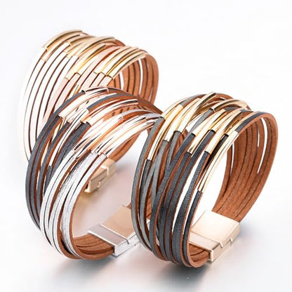Fesciory Leather Wrap Bracelets for Women, Boho Western Layered Jewelry | Layered leather cuff bracelets, Easy on and off, Boho western style, Daily wear, Gift for women - color: Champagne 1