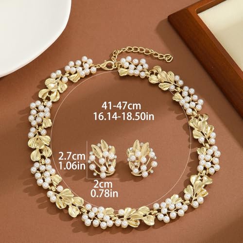 Fashion Bride Silver Gold Plated Bridal Layered Leaf Faux Pearls Necklace Earrings Set Wedding Jewelry Set Choker Necklace Stud Earrings Set for Women