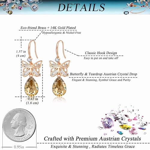 Austrian Crystal Teardrop Butterfly Drop Dangle Earrings for Women 14K Rose Gold Plated Hypoallergenic Jewelry - color: Light Topaz