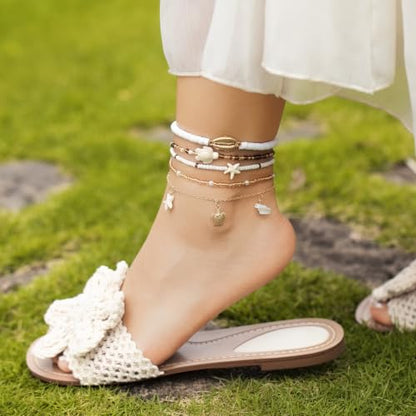 Beaded Anklet Bracelets For Women Waterproof Gold Anklets Jewelry Set Stack | non tarnish free pearl puka seashell beach boho stretchy anklet for summer dainty and tewiky gold plated - color: Golden Turtle