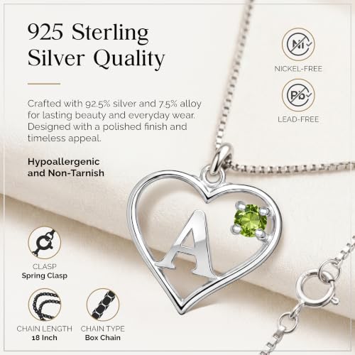Sterling Silver Heart and Letter Personalized Birthstone Pendant with Box Chain Necklace - Heart & Letter - A - Peridot - August