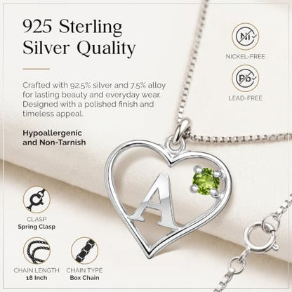 Sterling Silver Heart and Letter Personalized Birthstone Pendant with Box Chain Necklace - Heart & Letter - A - Peridot - August