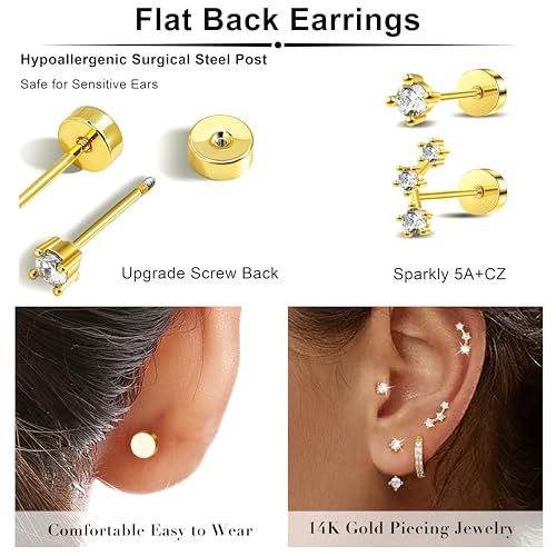 3 Pairs Dainty Small Earrings Set for Women Trendy, Birthstone Stud Huggie Hoop Jacket Stack for Cartilage Helix, Gold Plated Hypoallergenic Cute Women Fashion Accessories Western Jewelry Gifts - color: Flatback (Gold)