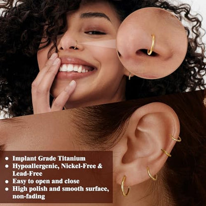4Pcs Titanium Nose Rings Hoops for Women Men, 18G Gold/Silver Nose Hoops | Hinged Clicker Septum Rings Tragus Conch Helix Daith Lip Body Piercing Jewelry - color: Gold