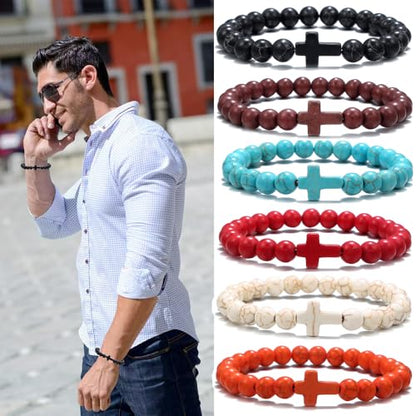 Beaded Bracelets Cross Bracelet for Women Men Lava Rock Turquoise Tiger Eye Natural Bracelet Anxiety Healing - color: 6Pcs-coloured cross 1