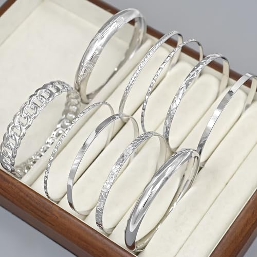 Gold Bangle Bracelets for Women, 14k Gold Plated Multi Layer Textured Stackable Open Bracelet Set Boho Indian Bangles Stackable Set Trendy Elegance Charms Non Tarnish Minimalist Bangle Pack - style: Silver 10Pcs