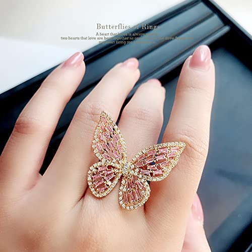 Butterfly Rings for Women Adjustable Golden Cocktail Ring Sparkly Stones Statement Silver Bow Open Wrap Bow Jewelry Bridesmaids Wedding Valentine’s Day Gift Lover Mother - color: JZ03-Gold Pink