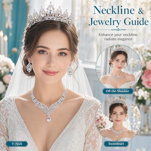 Tiaras and Crowns for Women,Tiaras Earrings Necklace, Crystal Bridal Jewelry Set - color: Silver white