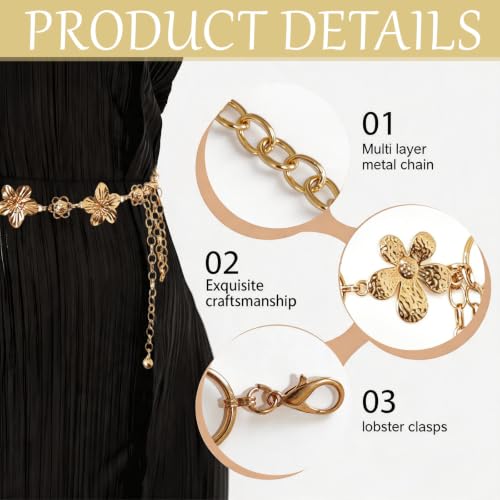 3 Pcs Gold Chain Belt for Women, Adjustable Waist Chain with Clover Butterfly Disc Pendants, Body Jewelry, Boho Belts for Women, Summer Beach Party - color: Gold-5