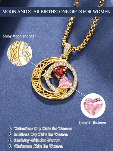 14K Gold Moon and Star Double Birthstone Necklace Gifts for Women | 2 Heart Birthstone Necklace,Mothers Day Wedding Anniversary Birthday Gifts for Wife Mom Daughter Grandma Sister - color: 01-10-Jan-Oct Birthstone