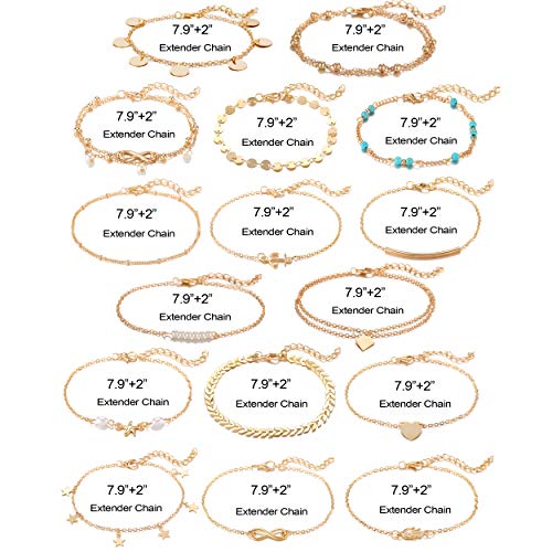 Softones 16Pcs Ankle Bracelets for Women Gold Silver Two Style Chain Beach Anklet Bracelet Jewelry Anklet Set,Adjustable Size - color: B:Gold