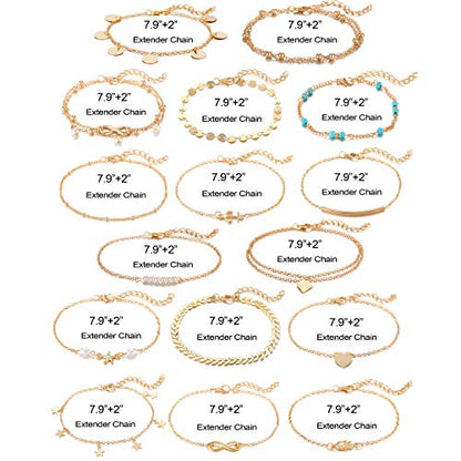 Softones 16Pcs Ankle Bracelets for Women Gold Silver Two Style Chain Beach Anklet Bracelet Jewelry Anklet Set,Adjustable Size - color: B:Gold