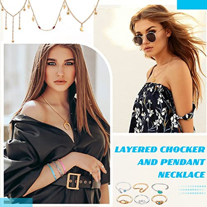 Batiyeer 60 Pcs Boho Surfer Wave Bracelet and Necklace Set for Women, Summer Beach Y2k Layered Choker Anklets Knuckle Rings - style: Fresh