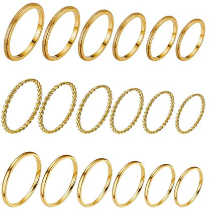 2mm 18Pcs No Tarnish Stainless Steel Thin Rings | PVD Gold Plated, Fadeless, Waterproof, High Polish, Hypoallergenic - color: 18K Gold Plated