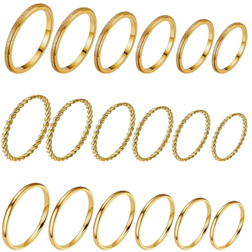 2mm 18Pcs No Tarnish Stainless Steel Thin Rings | PVD Gold Plated, Fadeless, Waterproof, High Polish, Hypoallergenic - color: 18K Gold Plated