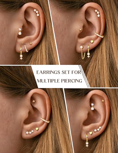 THUNARAZ 14K Gold Plated Hoop Stud Earrings for Women Hypoallergenic | Earrings Stack Non Tarnish, Stainless Steel Earrings, Cartilage Earrings for Women, Multiple Piercing Drop Dangle Earrings