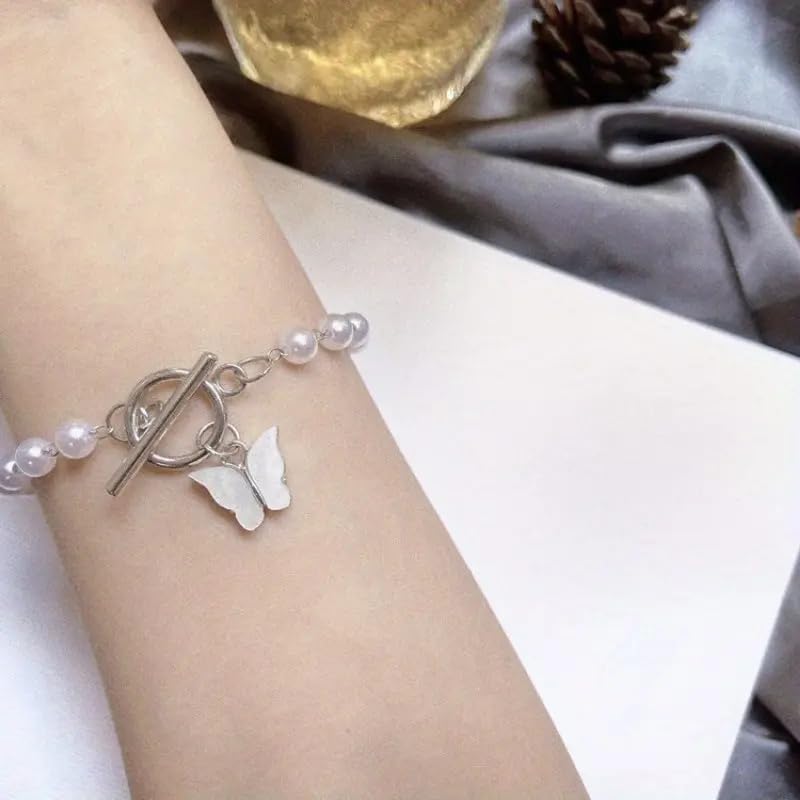 Pearl Beaded Bracelet with White Butterfly Charm, Toggle Clasp, Silver Tone