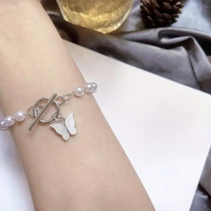 Pearl Beaded Bracelet with White Butterfly Charm, Toggle Clasp, Silver Tone