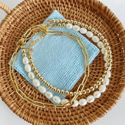 14K Gold Plated Beaded 3Pcs Stack Bracelets for Women, Dainty Trendy Freshwater Stackable Pearl Paperclip Cross Chain Gold Balls Stretch Accessories Jewelry Vacation Gift - color: paperclip