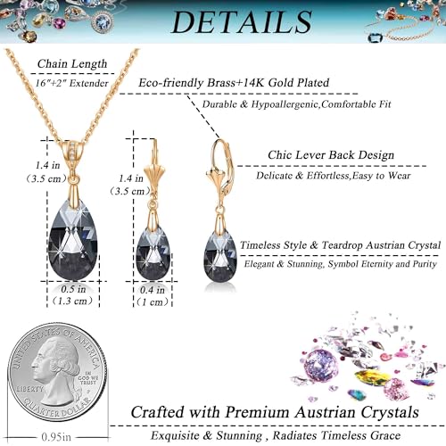 Austrian Crystals Teardrop Pendant Necklace Earrings for Women 14K Gold Plated Hypoallergenic Leverback Drop Dangle Earrings Jewelry Set - color: Black