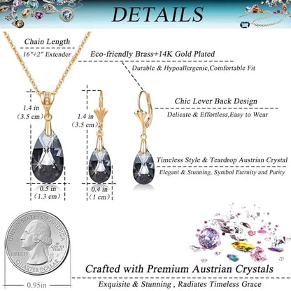 Austrian Crystals Teardrop Pendant Necklace Earrings for Women 14K Gold Plated Hypoallergenic Leverback Drop Dangle Earrings Jewelry Set - color: Black
