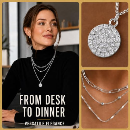 Layered Necklaces for Women, 3 Piece Gold Necklace Set | Paperclip, Satellite & CZ Pendant Chains; 14K Gold Plated Silver Stainless Steel Necklace; Hypoallergenic Non Tarnish Jewelry - color: Silver