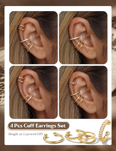 LOLIAS 925 Sterling Silver Ear Cuffs Non Piercing - 14K Gold Plated Ear Cuff Earrings for Women Adjustable Clip on Cartialge Earrings Non Pierced Fake Earring Stacks - color: 14K Gold-Thin Double Hoop