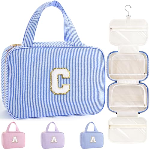 TOPEAST Hanging Toiletry Bag for Women - Travel Toiletry Bag Makeup Bag, Portable Toiletries Travel Bag and Cosmetic Bag, Airplane Travel Essentials - Letter C, Blue - color: Blue, style: C