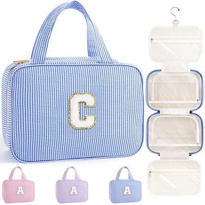 TOPEAST Hanging Toiletry Bag for Women - Travel Toiletry Bag Makeup Bag, Portable Toiletries Travel Bag and Cosmetic Bag, Airplane Travel Essentials - Letter C, Blue - color: Blue, style: C