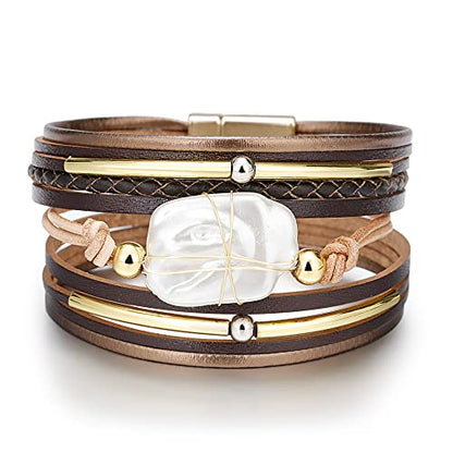 Fesciory Leather Wrap Bracelet for Women, Boho Western Layered Cuff Jewelry | Stackable Bracelets, Easy-On Clasp, Daily Wear, Pairs with Boho Western Outfits, Gift for Women - color: Brown4