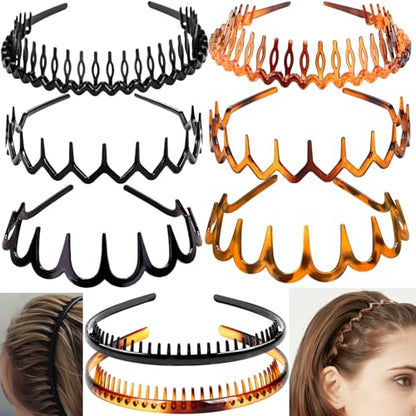ULTIMUTE 8 PCS Fashion Effortless Plastic Headbands with Teeth Comb Black Skinny Headbands No Slip Hair Accessories Bands for Women Men Teen Girls, Leopard&Bright Black - color: Leopard&Bright Black