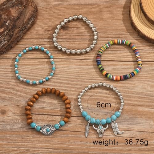 LOTSOF Western Turquoise Beaded Bracelet, Chic Stack Beaded Western Style for Country Concerts, Cowgirl Outfits & Boho Jewelry - color: Bull Head Style 5PCS