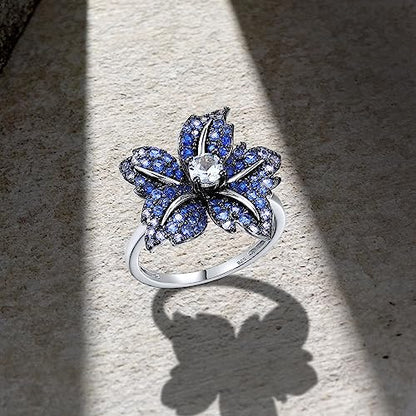 Santuzza Sterling Silver Gemstone Flower Ring for Women - color: [A]Lily-Blue